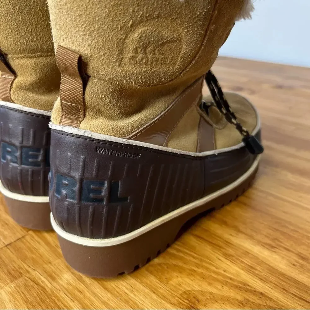 Sorel Tivoli Tan Sherpa Lined Suede Lace Up Winter Boots Size Youth 3